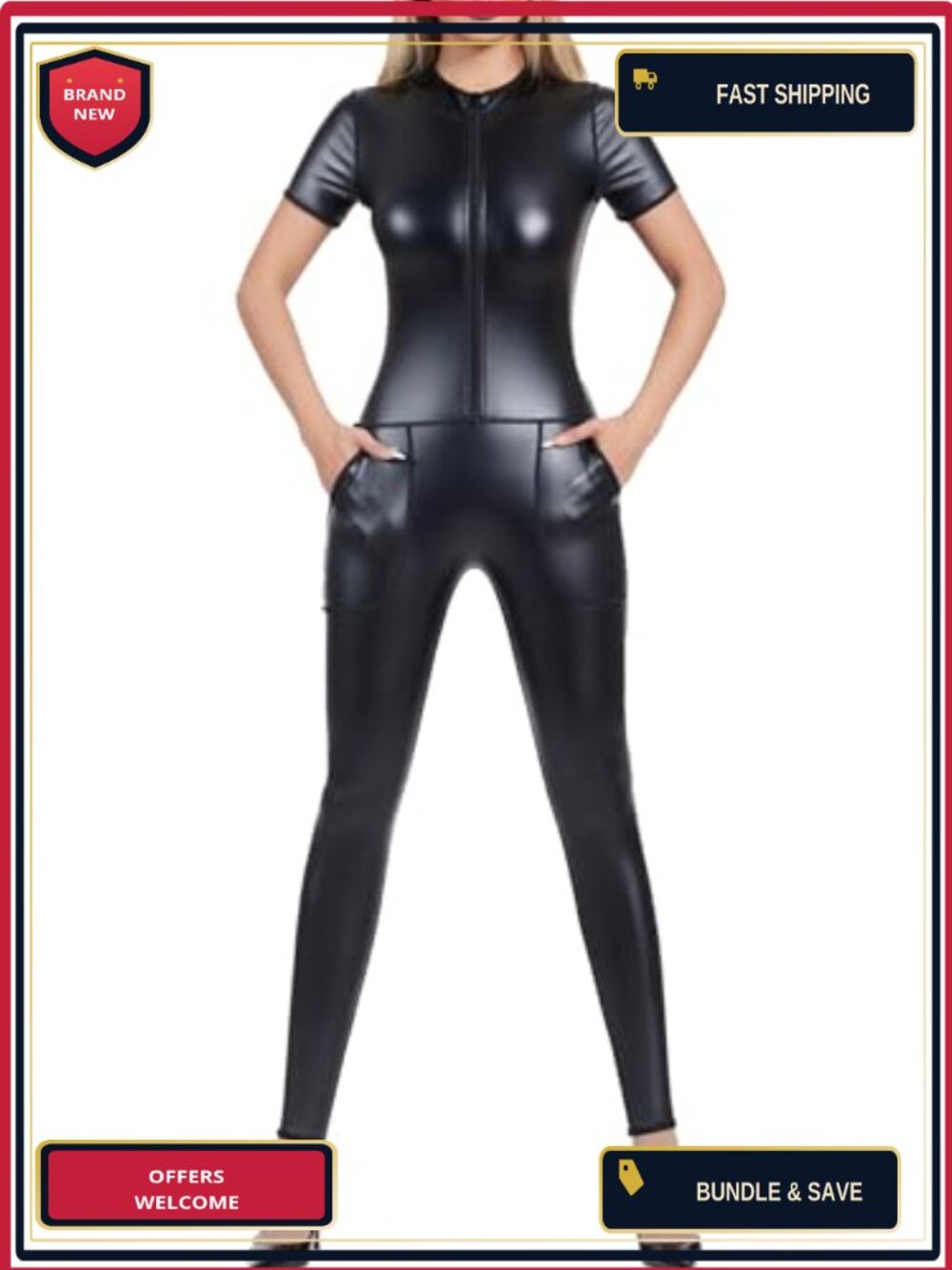 Metallic PU Leather Catsuit Front Zipper Bodysuit Wet Look Party Jumpsuit